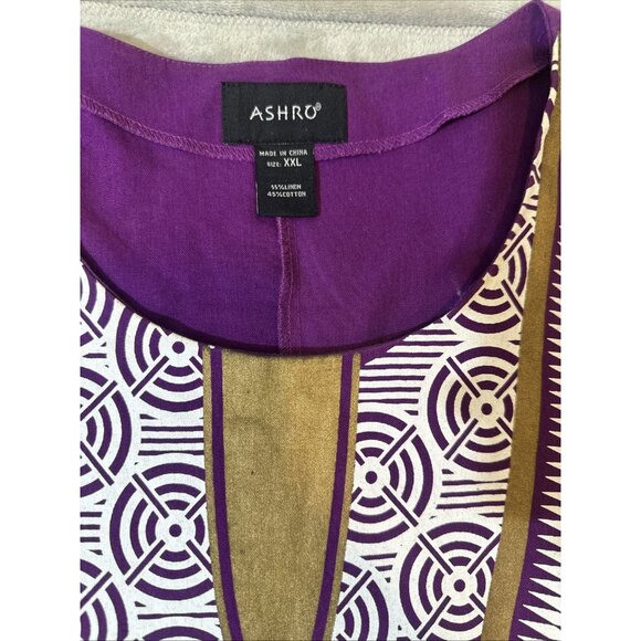 Ashro Women’s XXL Linen Blend Dashiki Tunic Dress Purple Ethnic African Print - Picture 5 of 11